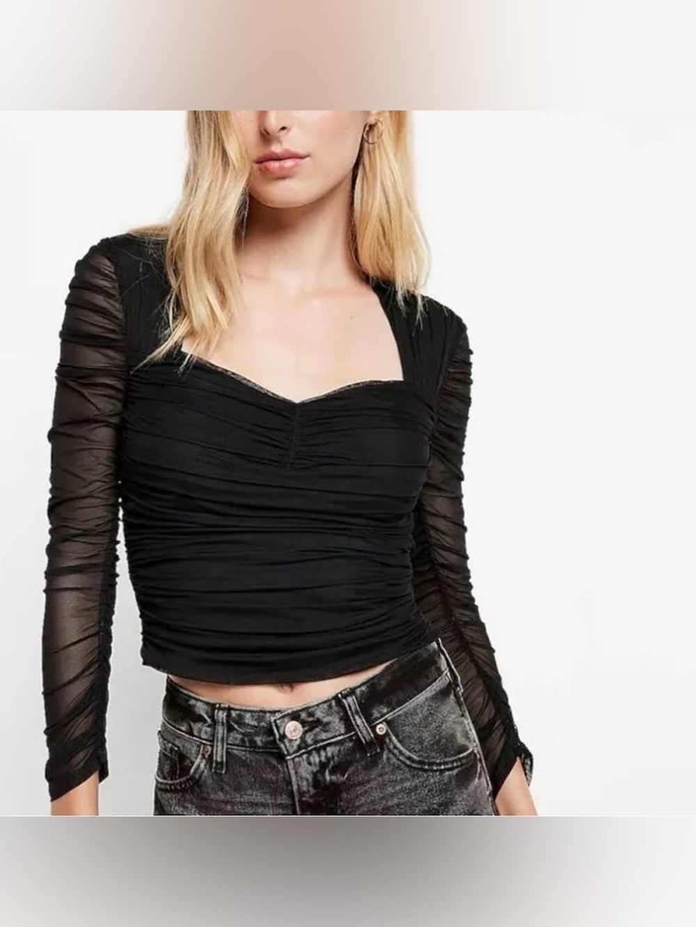 NEW Express Body Contour Ruched Mesh Blouse Top Small Black Sweetheart Padded